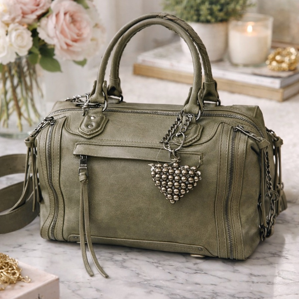 Steve Madden Olive-Taupe Satchel NWT Gunmetal hardware with heart charm 🖤